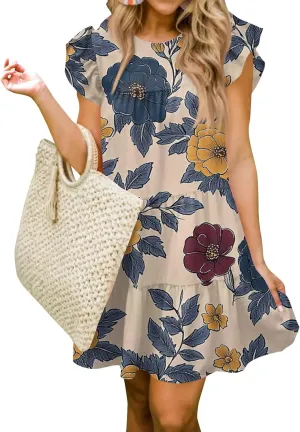 Women Babydoll Summer Casual Crew Neck Ruffle Sleeve Sleeveless Flowy Mini Short Tunic Dress Floral Print Pleated Dress3-Blue,XX-Large
