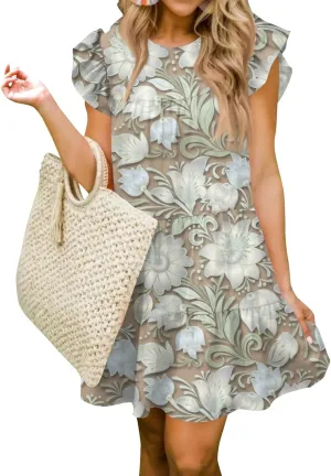 Women Babydoll Summer Casual Crew Neck Ruffle Sleeve Sleeveless Flowy Mini Short Tunic Dress Floral Print Pleated Dress4-White,Small