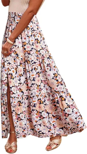 Women Boho Pleated High Cut Slit Maxi Long Midi Skort Color Block Floral Graphic Skirts for Women Skort 2025