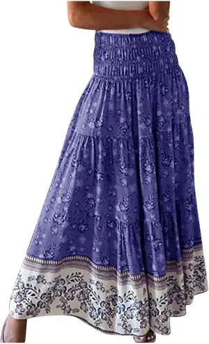 Women Boho Skirts Flowy Maxi Skirt A Line Midi Skirts Vintage Floral Skirts Casual Summer Skirt Comfy Beach Skirt