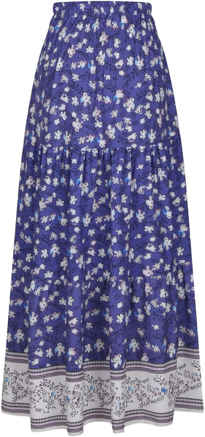 Women Boho Skirts Flowy Maxi Skirt A Line Midi Skirts Vintage Floral Skirts Casual Summer Skirt Comfy Beach Skirt