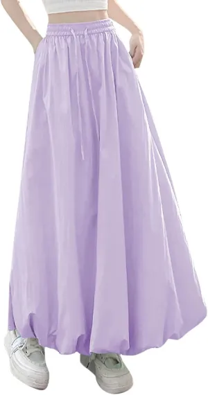 Women Bubble Maxi Skirt Elastic Waist Pleated Puff Long Skirts Solid Color A Line Y2k Dress Flowy Summer Boho Clothes