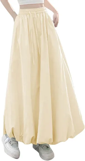 Women Bubble Maxi Skirt Elastic Waist Pleated Puff Long Skirts Solid Color A Line Y2k Dress Flowy Summer Boho Clothes