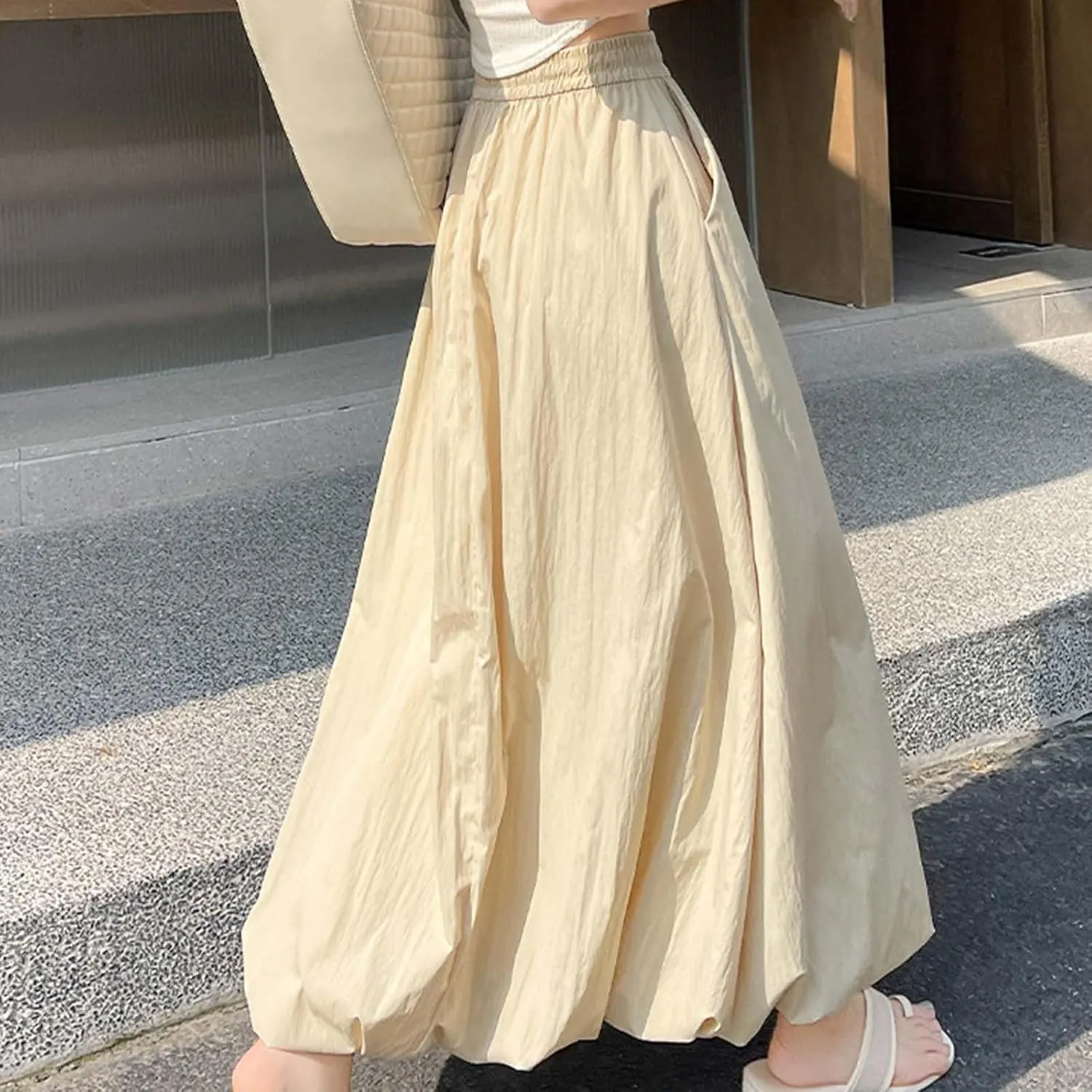 Women Bubble Maxi Skirt Elastic Waist Pleated Puff Long Skirts Solid Color A Line Y2k Dress Flowy Summer Boho Clothes