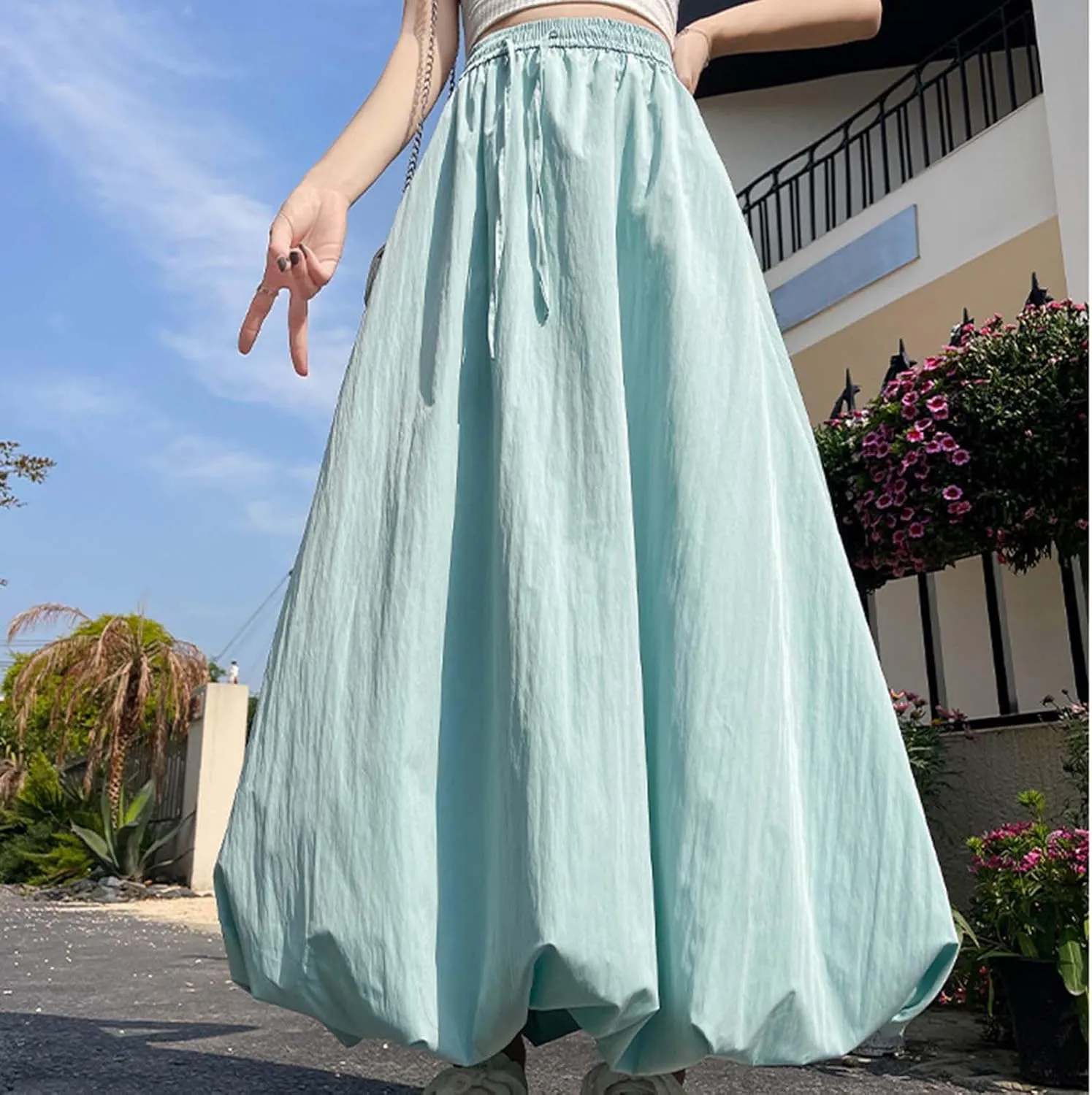 Women Bubble Maxi Skirt Elastic Waist Pleated Puff Long Skirts Solid Color A Line Y2k Dress Flowy Summer Boho Clothes