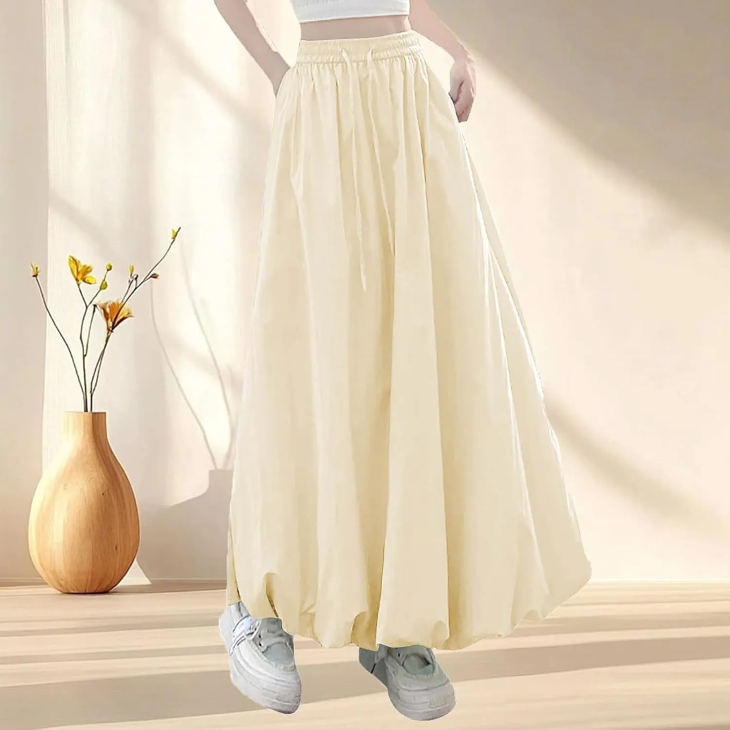 Women Bubble Maxi Skirt Elastic Waist Pleated Puff Long Skirts Solid Color A Line Y2k Dress Flowy Summer Boho Clothes