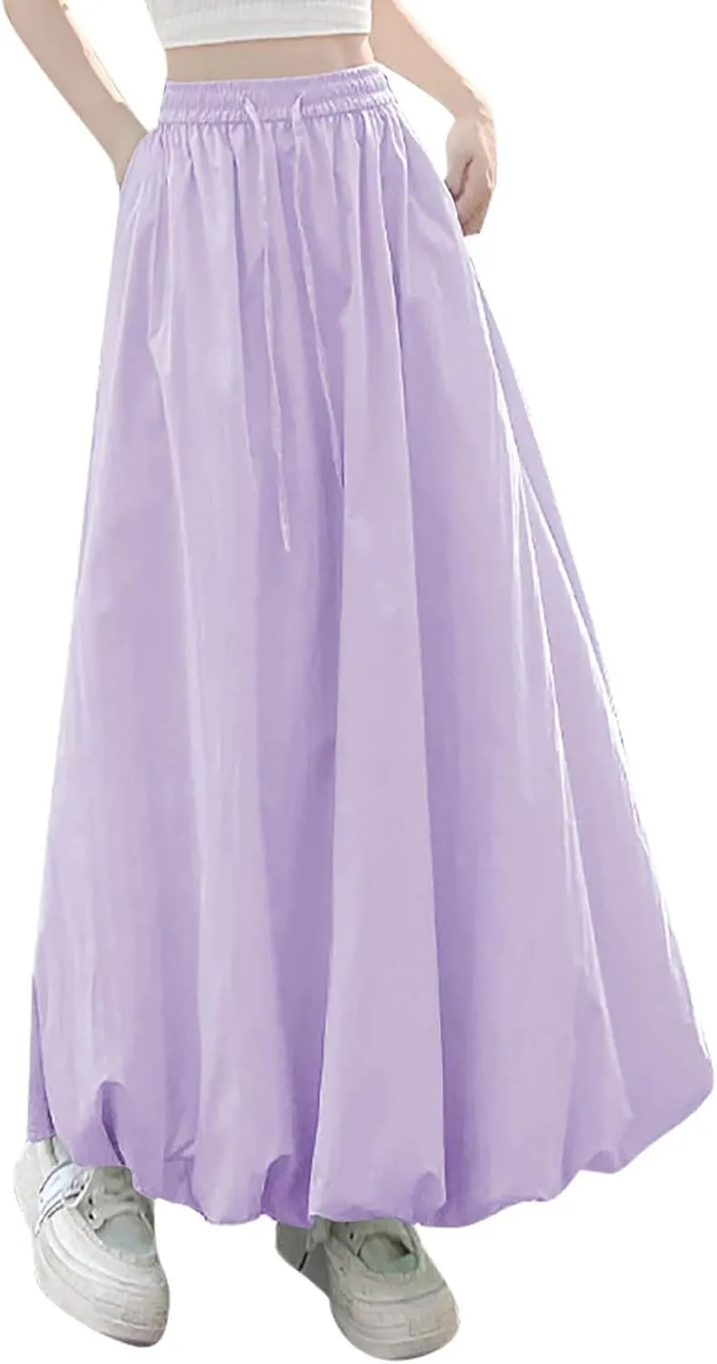 Women Bubble Maxi Skirt Elastic Waist Pleated Puff Long Skirts Solid Color A Line Y2k Dress Flowy Summer Boho Clothes