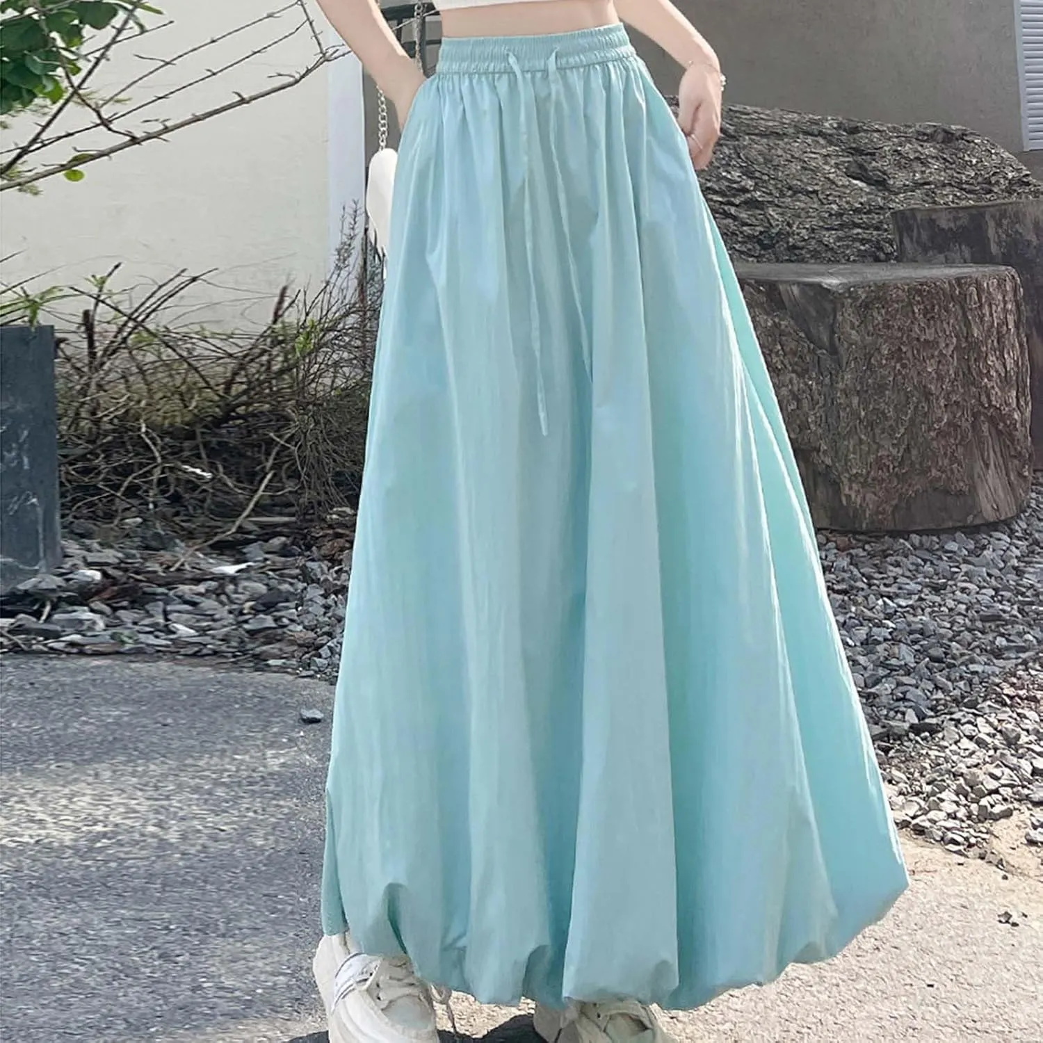 Women Bubble Maxi Skirt Elastic Waist Pleated Puff Long Skirts Solid Color A Line Y2k Dress Flowy Summer Boho Clothes