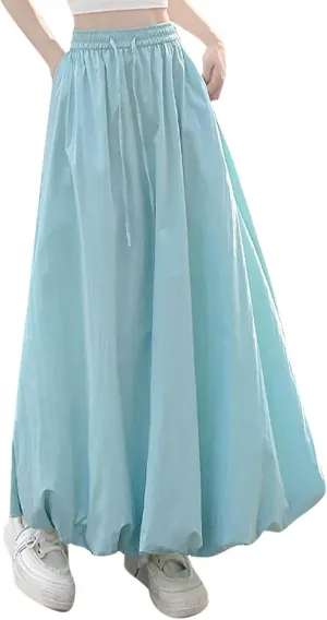 Women Bubble Maxi Skirt Elastic Waist Pleated Puff Long Skirts Solid Color A Line Y2k Dress Flowy Summer Boho Clothes