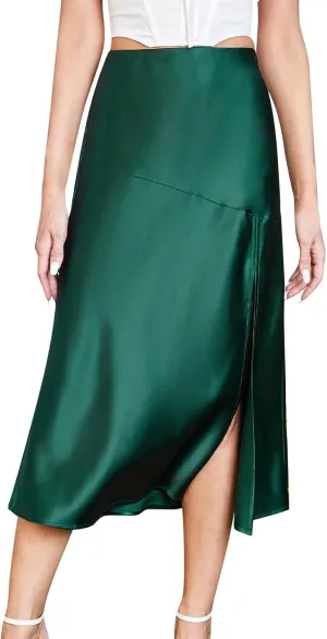 Women Casual High Waist Glossy Satin Solid Color Slit Maxi Skirt Long Skirt with Pockets Tummy