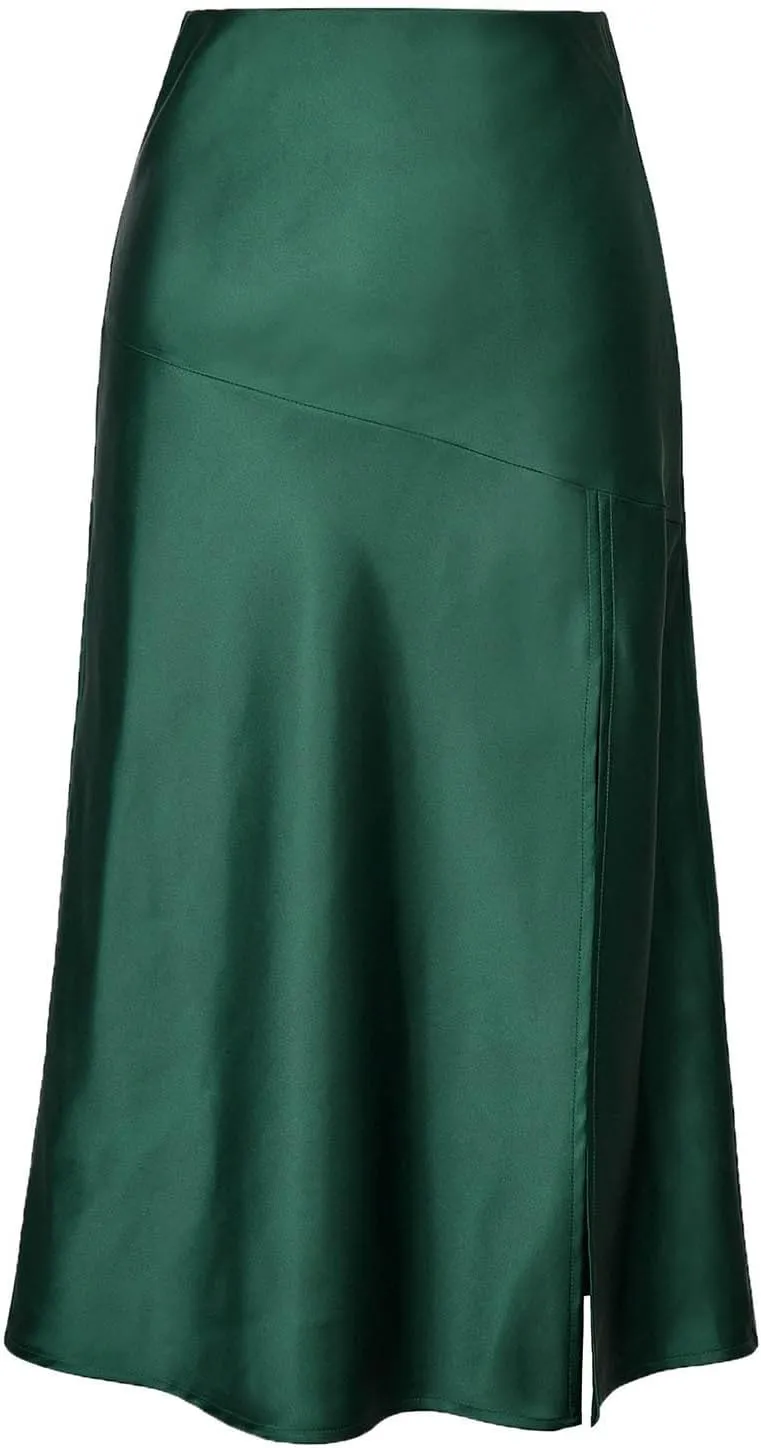Women Casual High Waist Glossy Satin Solid Color Slit Maxi Skirt Long Skirt with Pockets Tummy