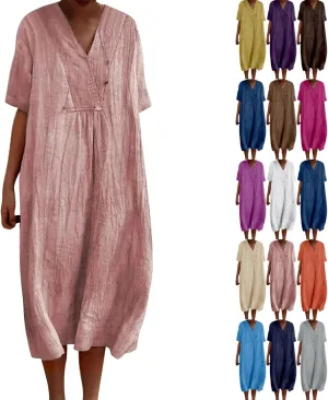 Women Casual Midi Dresses Oversized Summer Fall Tunic Dress V Neck Short Sleeve Retro Plus Size Loose T-Shirt Dress