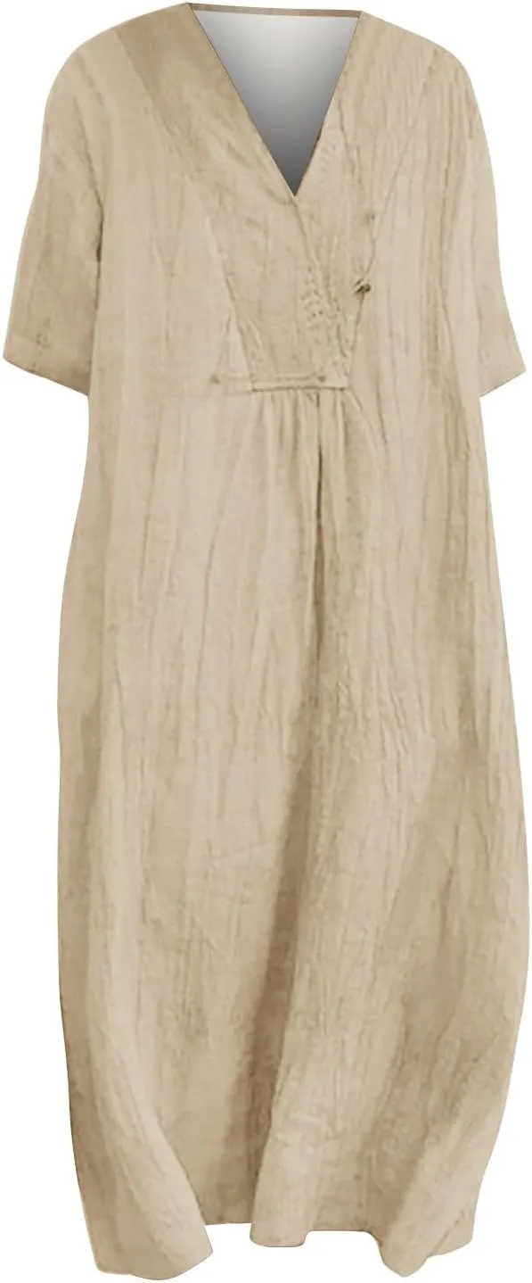 Women Casual Midi Dresses Oversized Summer Fall Tunic Dress V Neck Short Sleeve Retro Plus Size Loose T-Shirt Dress