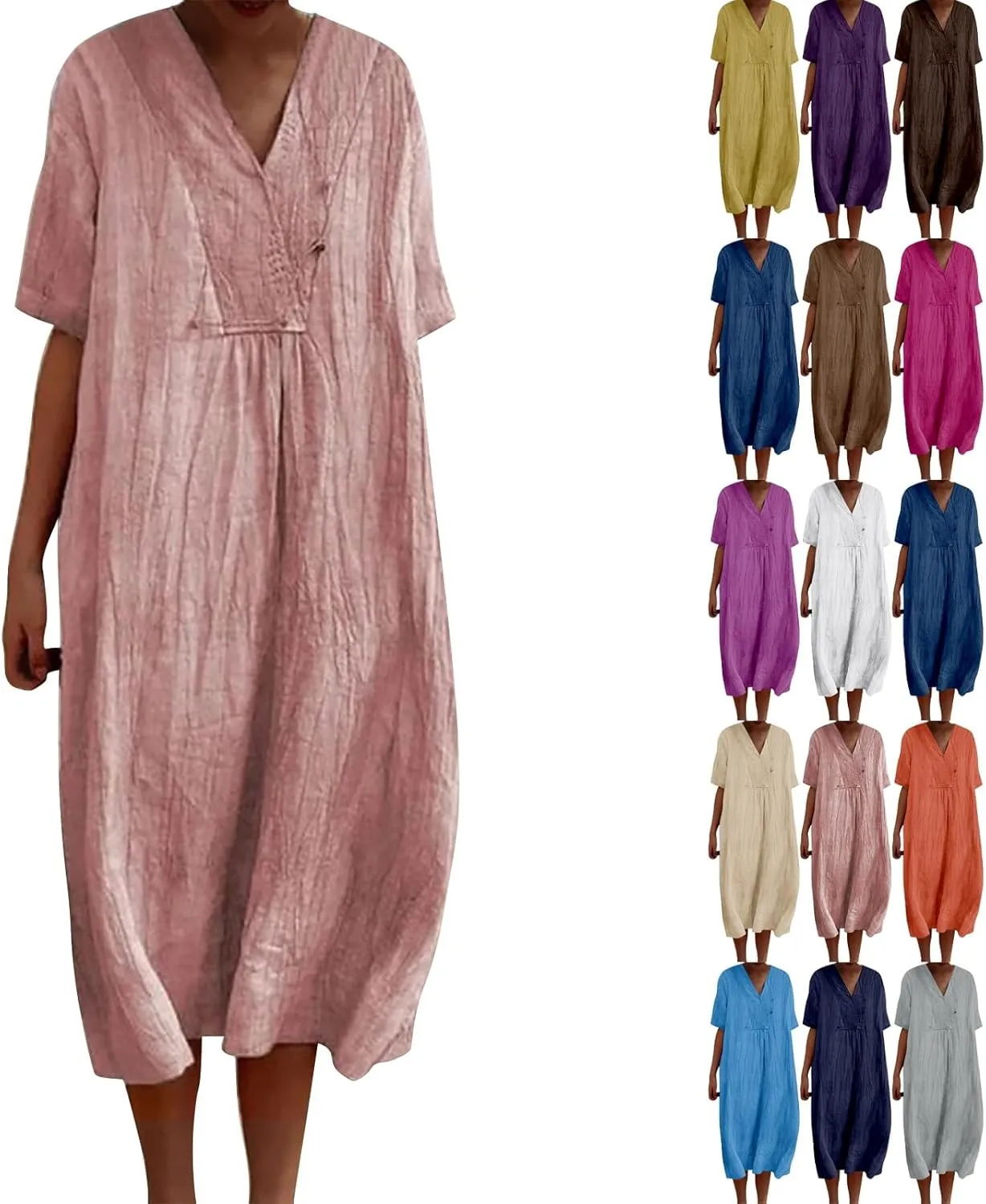 Women Casual Midi Dresses Oversized Summer Fall Tunic Dress V Neck Short Sleeve Retro Plus Size Loose T-Shirt Dress