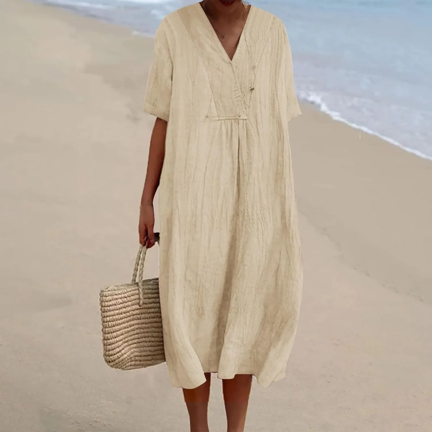 Women Casual Midi Dresses Oversized Summer Fall Tunic Dress V Neck Short Sleeve Retro Plus Size Loose T-Shirt Dress