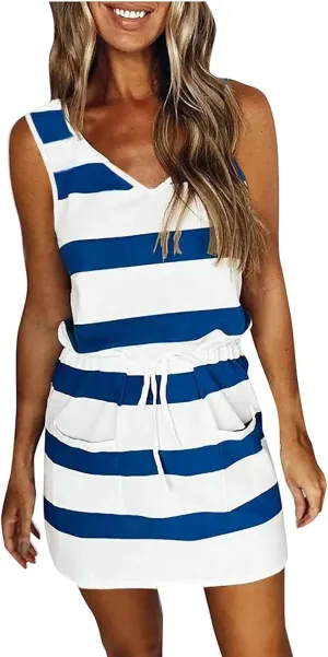 Women Casual Stripe Sundress V-Neck Sleeveless Beach Mini Dress Loose Drawstring Waist Short Dresses with Pockets