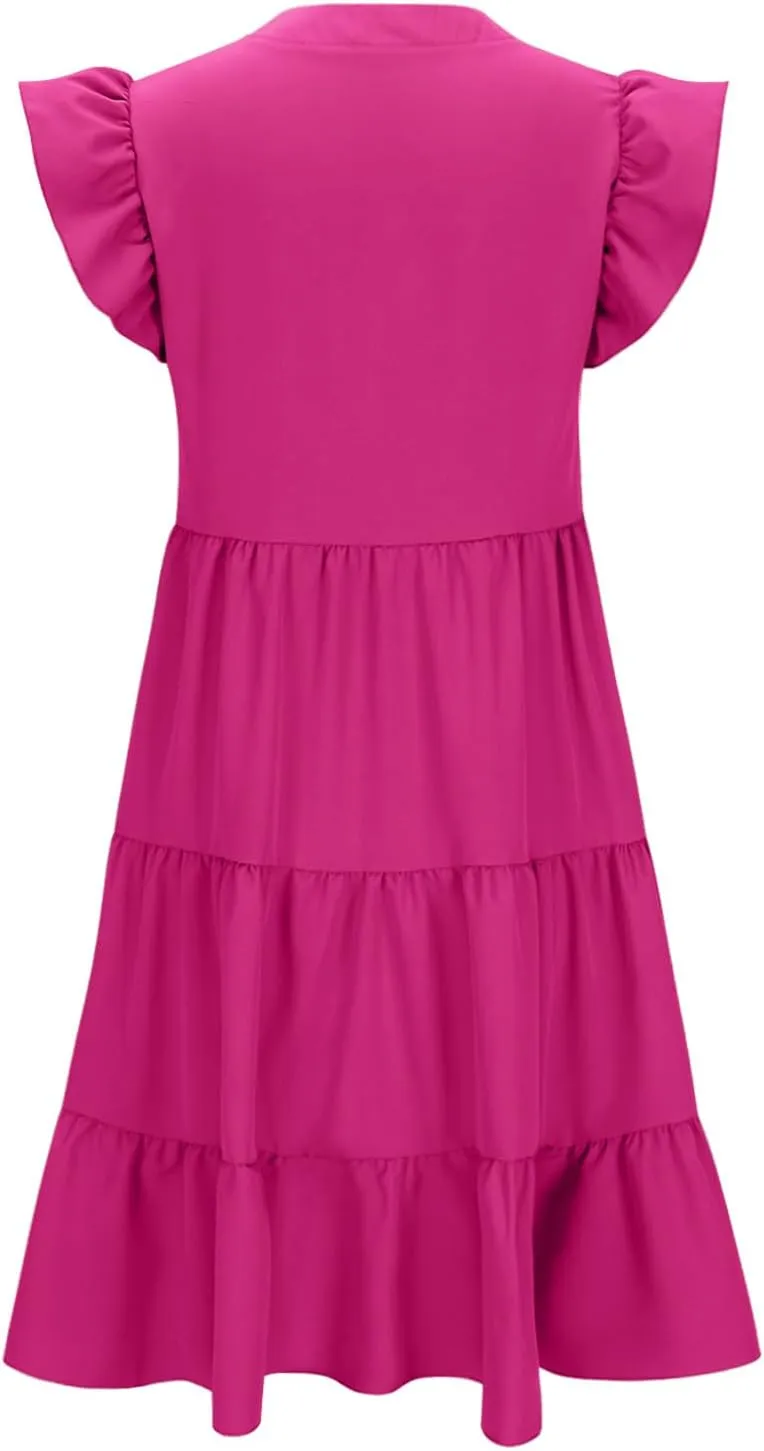 Women Casual Sundresses Ruffle Sleeveless V Neck Midi Dress Soft Tiered Babydoll Summer Dresses Wedding Guest Dress