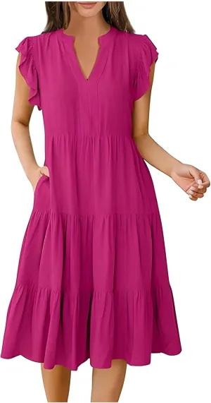 Women Casual Sundresses Ruffle Sleeveless V Neck Midi Dress Soft Tiered Babydoll Summer Dresses Wedding Guest Dress