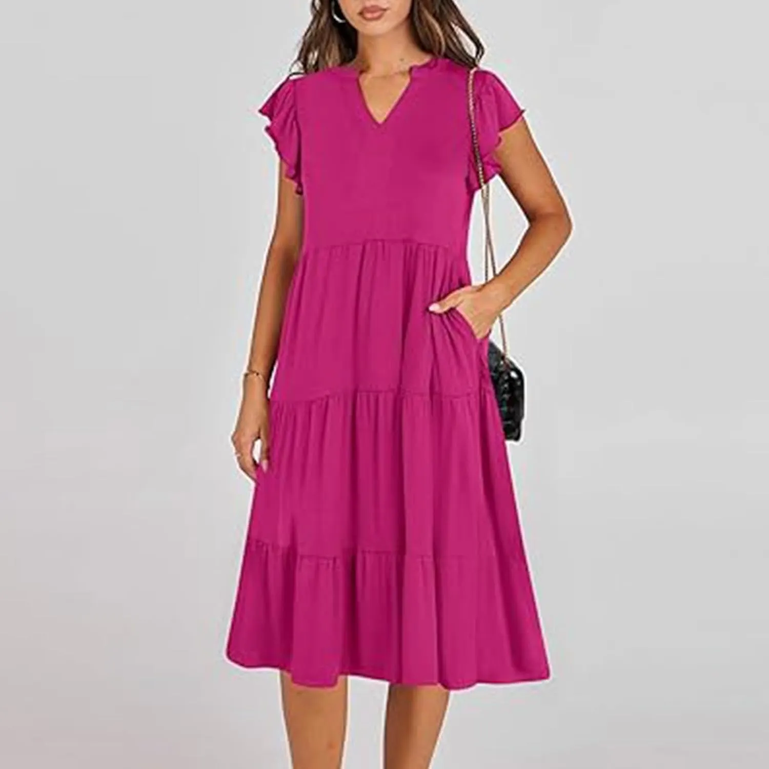 Women Casual Sundresses Ruffle Sleeveless V Neck Midi Dress Soft Tiered Babydoll Summer Dresses Wedding Guest Dress