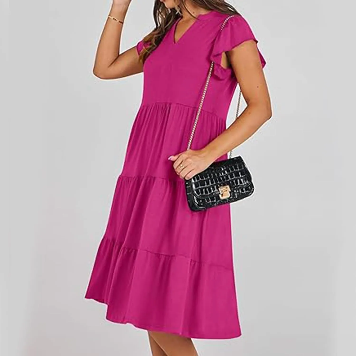 Women Casual Sundresses Ruffle Sleeveless V Neck Midi Dress Soft Tiered Babydoll Summer Dresses Wedding Guest Dress