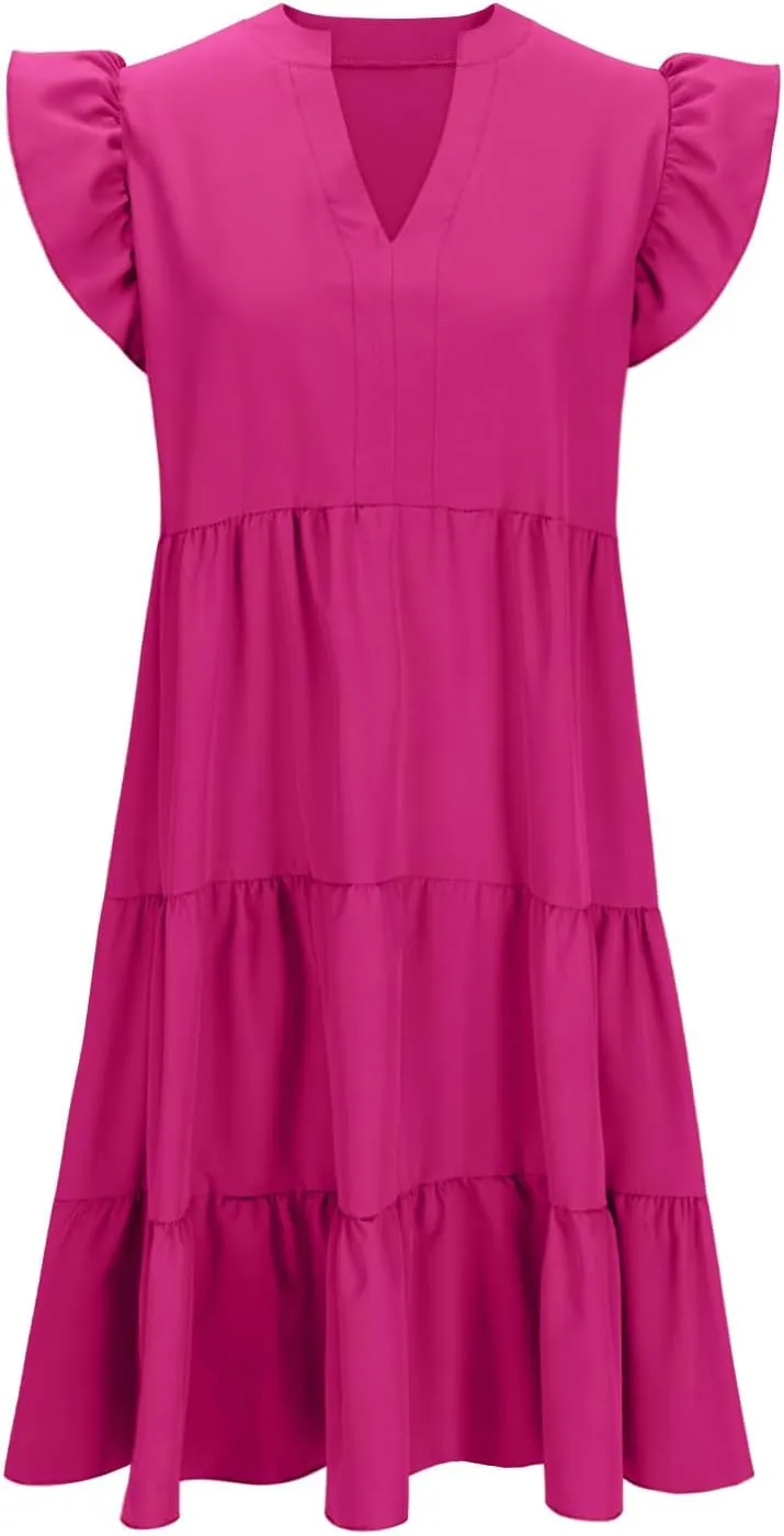 Women Casual Sundresses Ruffle Sleeveless V Neck Midi Dress Soft Tiered Babydoll Summer Dresses Wedding Guest Dress
