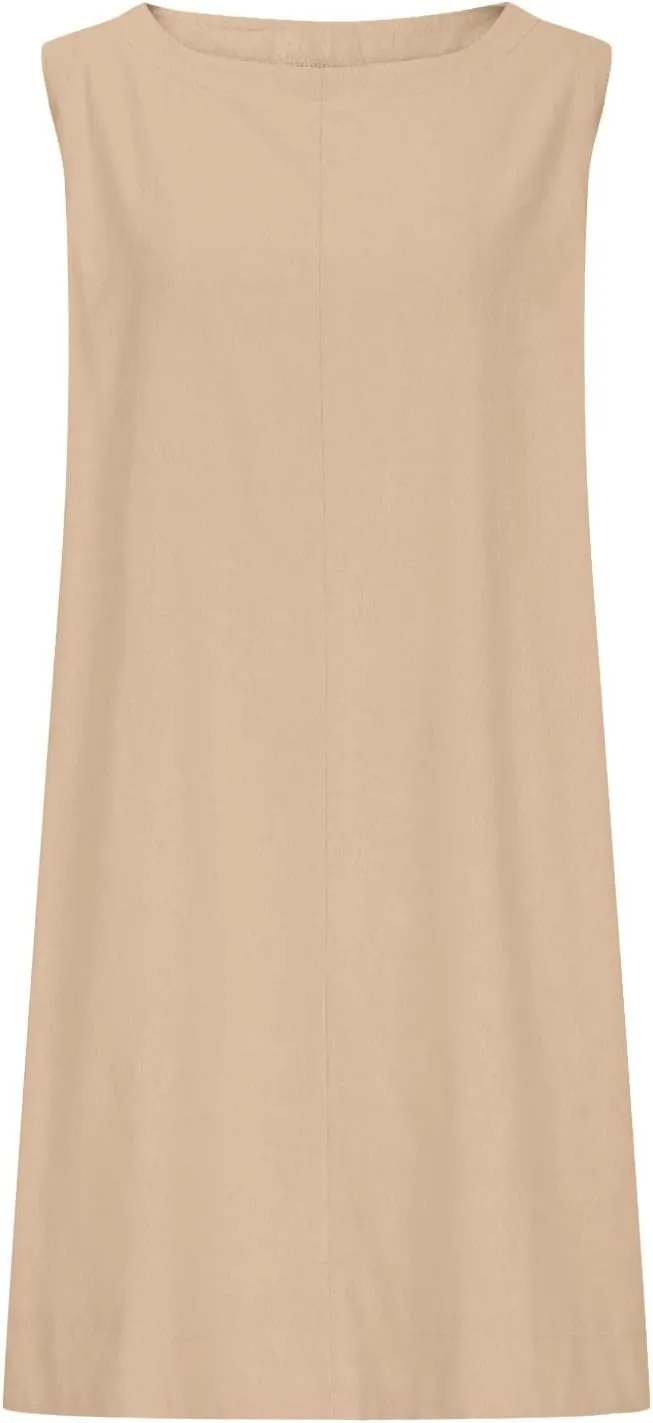 Women Cotton Linen Sleeveless Tank Dress Loose Crew Neck Knee Length Dress Summer Solid Color Casual Midi Dresses