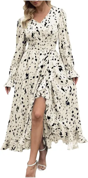 Women Dresses Casual Midi V Neck Long Sleeve Maxi Dresses Floral Boho Fall Dresses Elegant Wedding Guest Dress