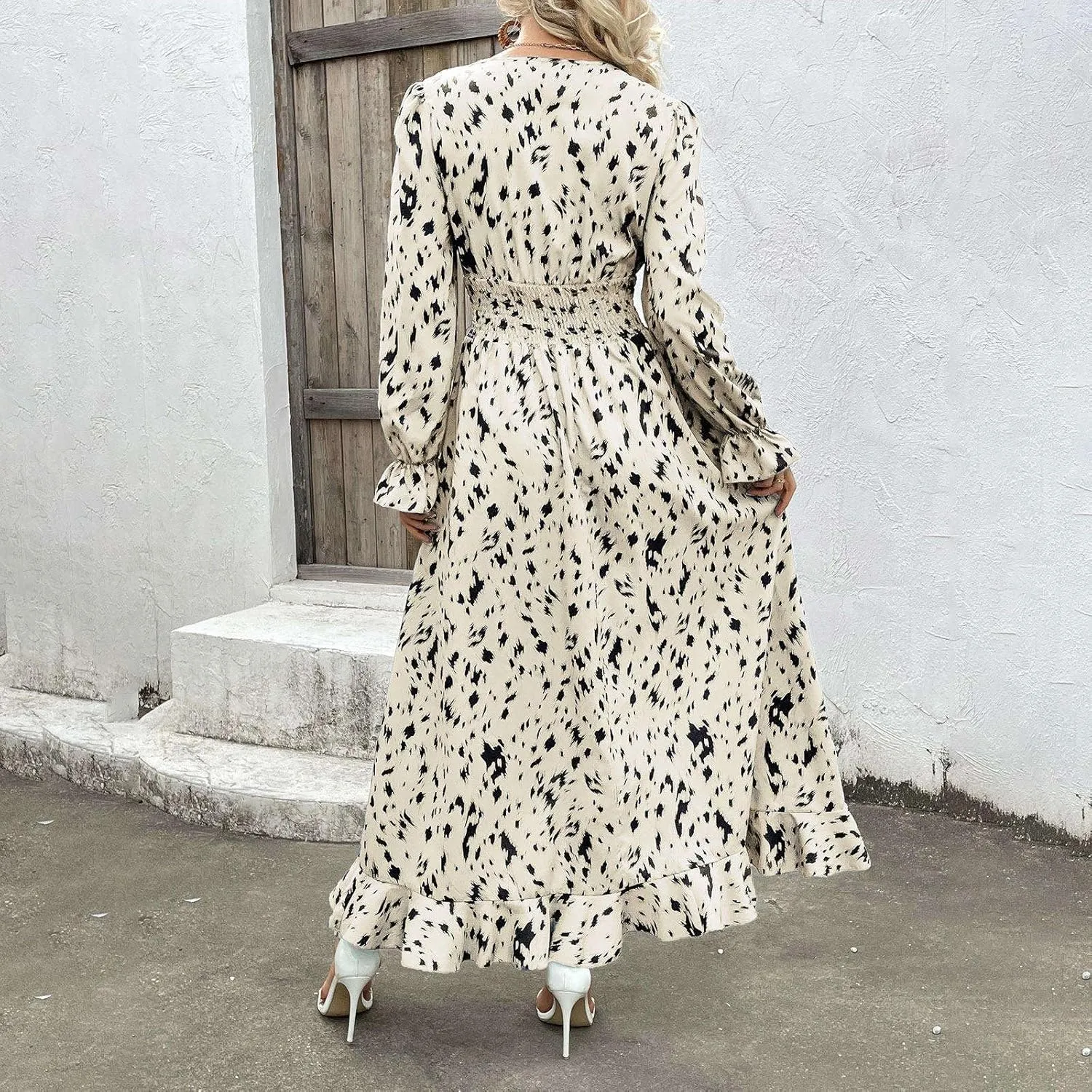 Women Dresses Casual Midi V Neck Long Sleeve Maxi Dresses Floral Boho Fall Dresses Elegant Wedding Guest Dress
