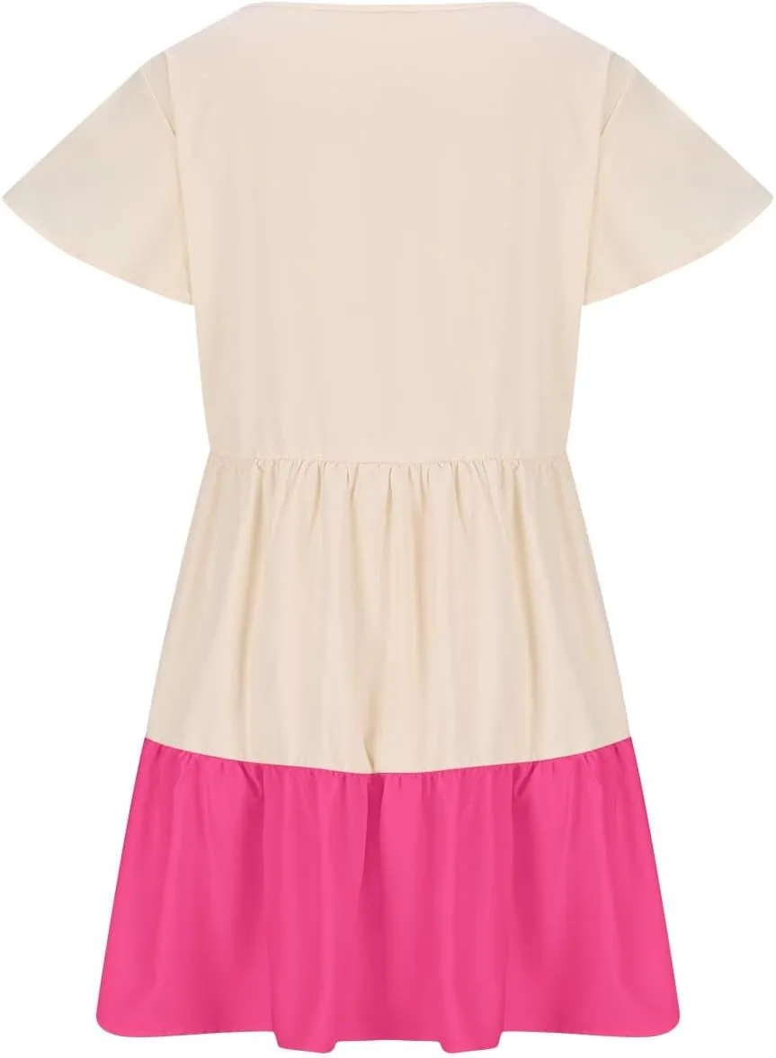 Women Dresses Casual Summer Puff Short Sleeve Color Block Loose A Line Sundress Beach Vacation Ladies Dress