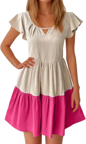 Women Dresses Casual Summer Puff Short Sleeve Color Block Loose A Line Sundress Beach Vacation Ladies Dress