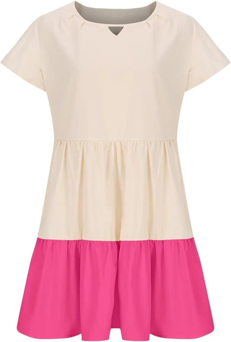 Women Dresses Casual Summer Puff Short Sleeve Color Block Loose A Line Sundress Beach Vacation Ladies Dress