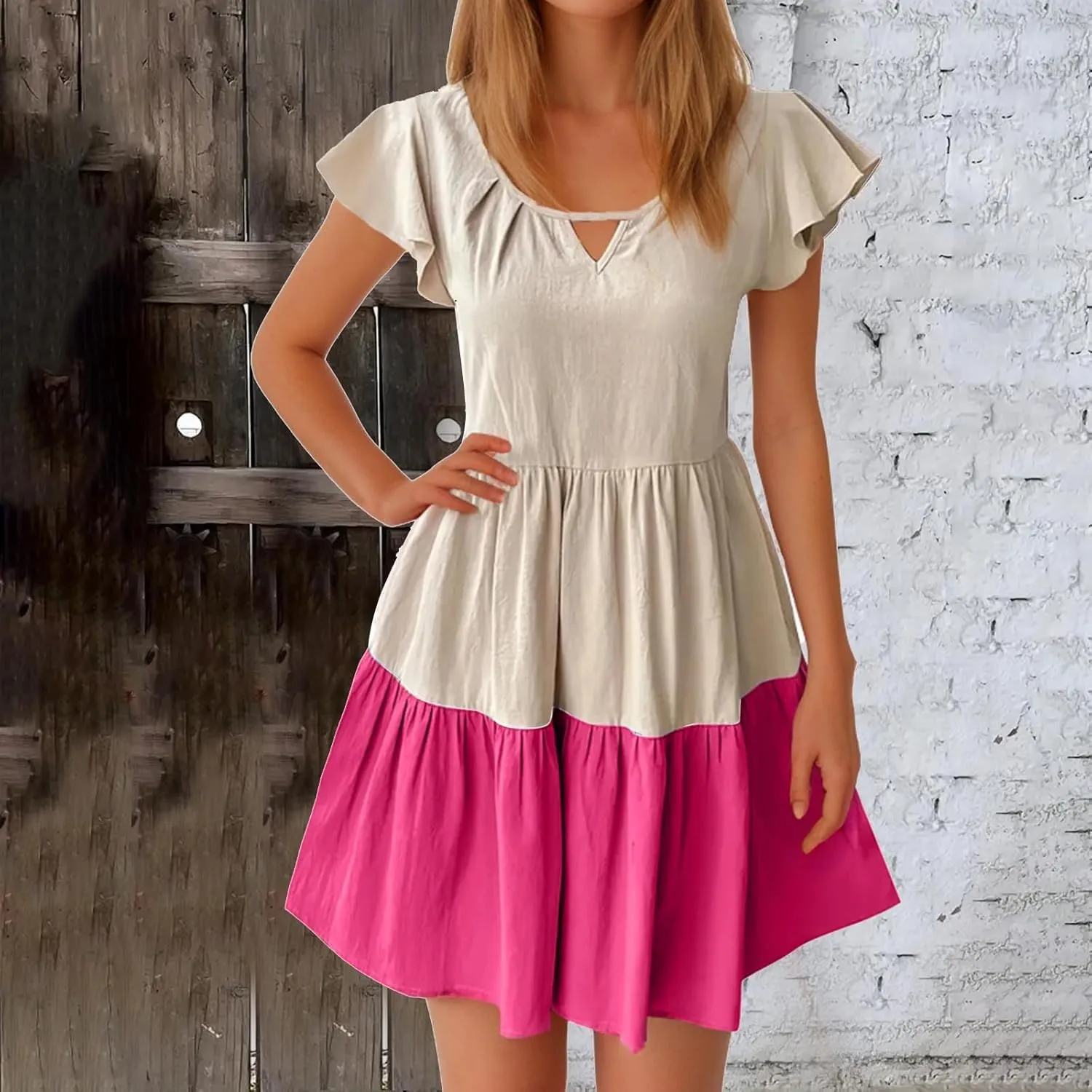 Women Dresses Casual Summer Puff Short Sleeve Color Block Loose A Line Sundress Beach Vacation Ladies Dress