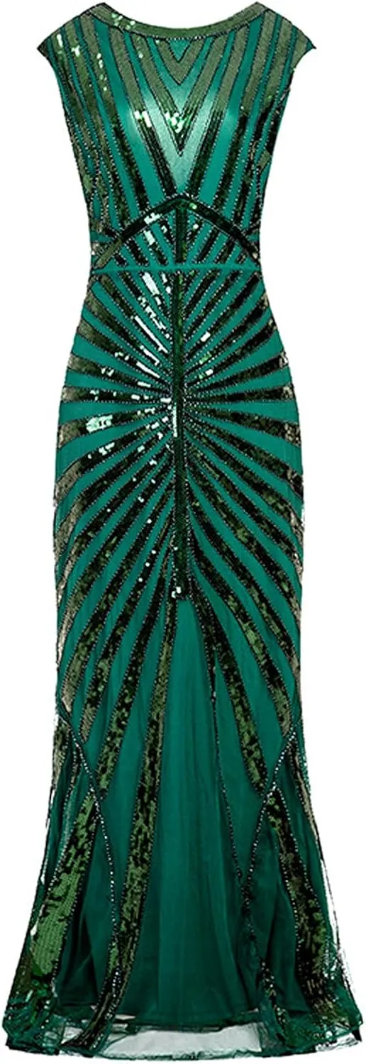 Women Evening Maxi Long Dress 1920s Sequin Mermaid Hem Wedding Prom Gown Vintage Lace Fringed Gatsby Cocktail Dress