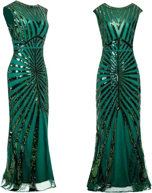 Women Evening Maxi Long Dress 1920s Sequin Mermaid Hem Wedding Prom Gown Vintage Lace Fringed Gatsby Cocktail Dress