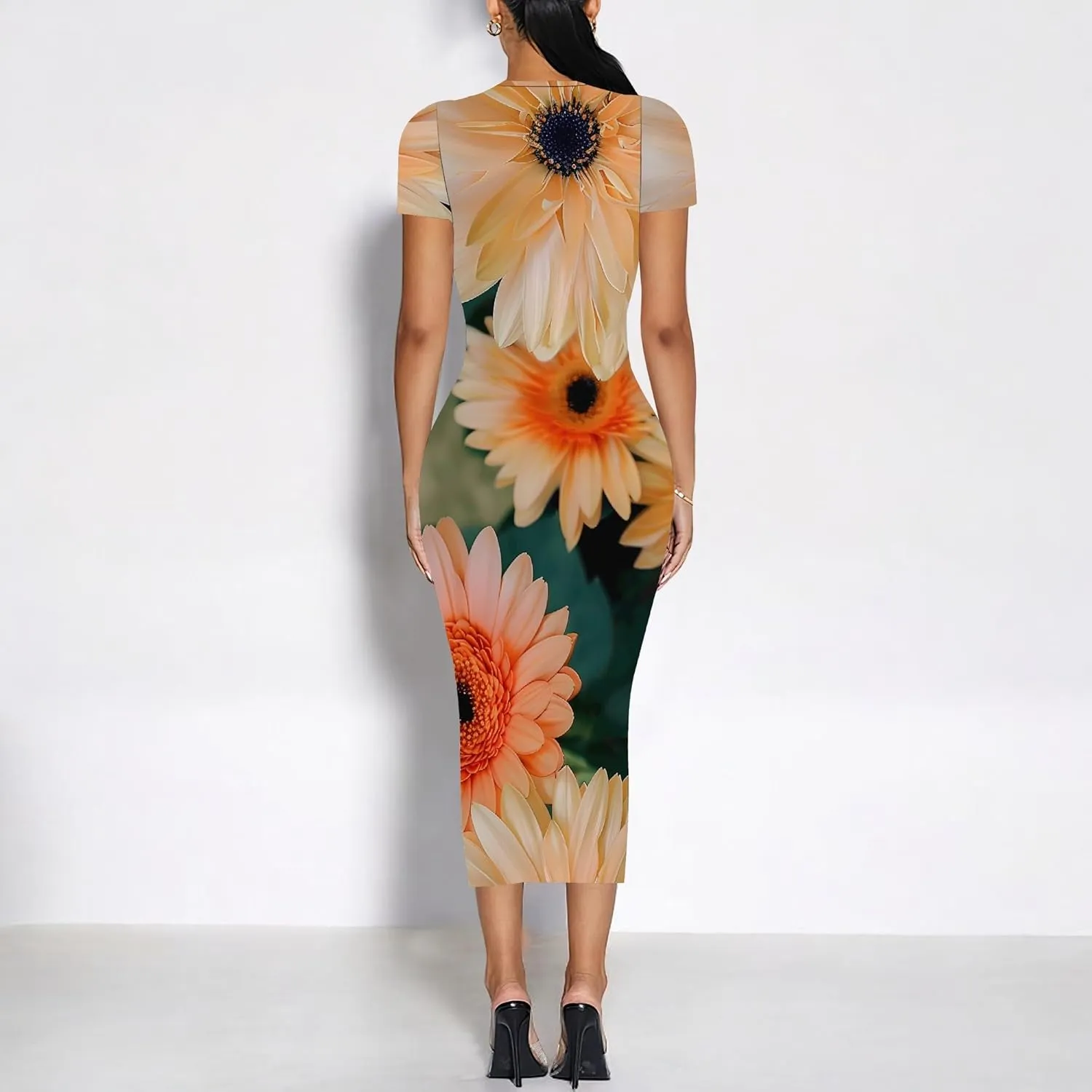 Women Fashion Dresses Curvy Women Short Sleeve Round Neck Bodycon Dresses Summer Print Cocktail Formal Gown S-3XL