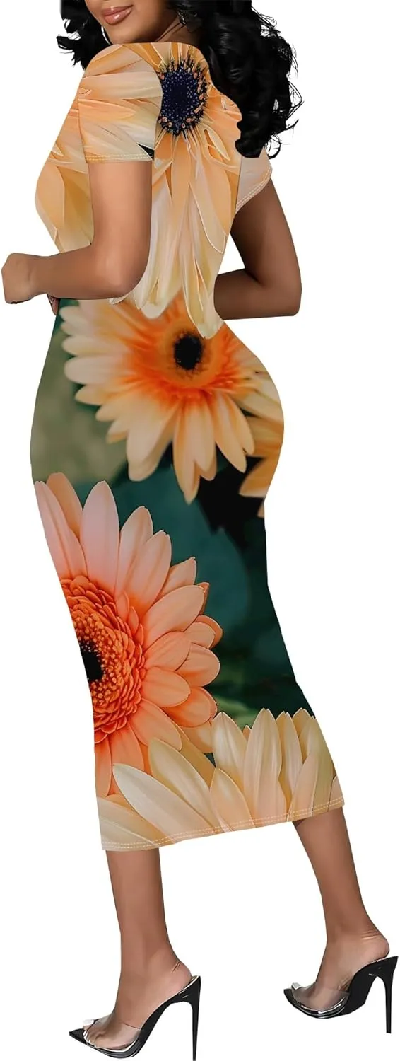 Women Fashion Dresses Curvy Women Short Sleeve Round Neck Bodycon Dresses Summer Print Cocktail Formal Gown S-3XL