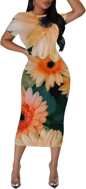 Women Fashion Dresses Curvy Women Short Sleeve Round Neck Bodycon Dresses Summer Print Cocktail Formal Gown S-3XL