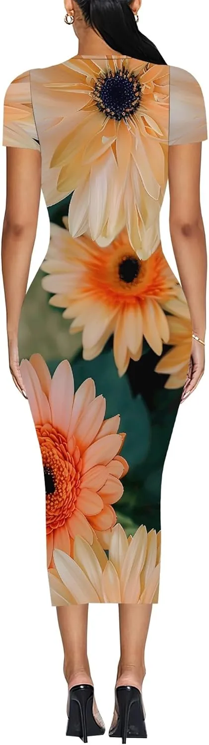 Women Fashion Dresses Curvy Women Short Sleeve Round Neck Bodycon Dresses Summer Print Cocktail Formal Gown S-3XL