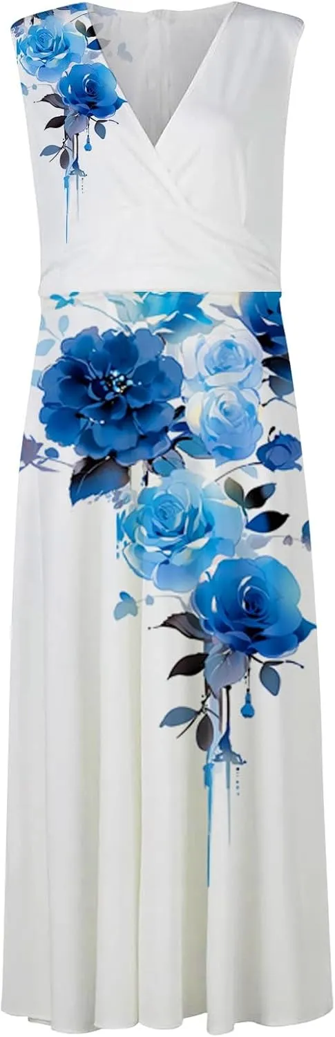 Women Floral Summer Casual Summer Sundress Sleeveless Halter Neck Spring Boho Floral Pocket Elastic Waist Ruffle Mini Dresses