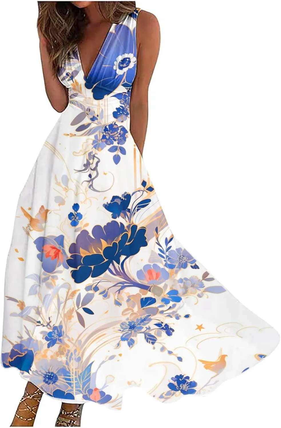Women Floral Summer Casual Summer Sundress Sleeveless Halter Neck Spring Boho Floral Pocket Elastic Waist Ruffle Mini Dresses