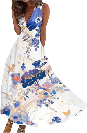 Women Floral Summer Casual Summer Sundress Sleeveless Halter Neck Spring Boho Floral Pocket Elastic Waist Ruffle Mini Dresses