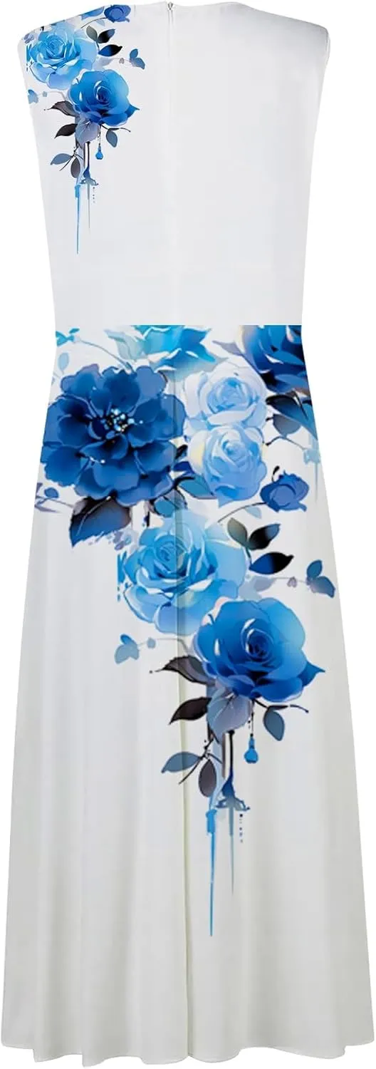 Women Floral Summer Casual Summer Sundress Sleeveless Halter Neck Spring Boho Floral Pocket Elastic Waist Ruffle Mini Dresses