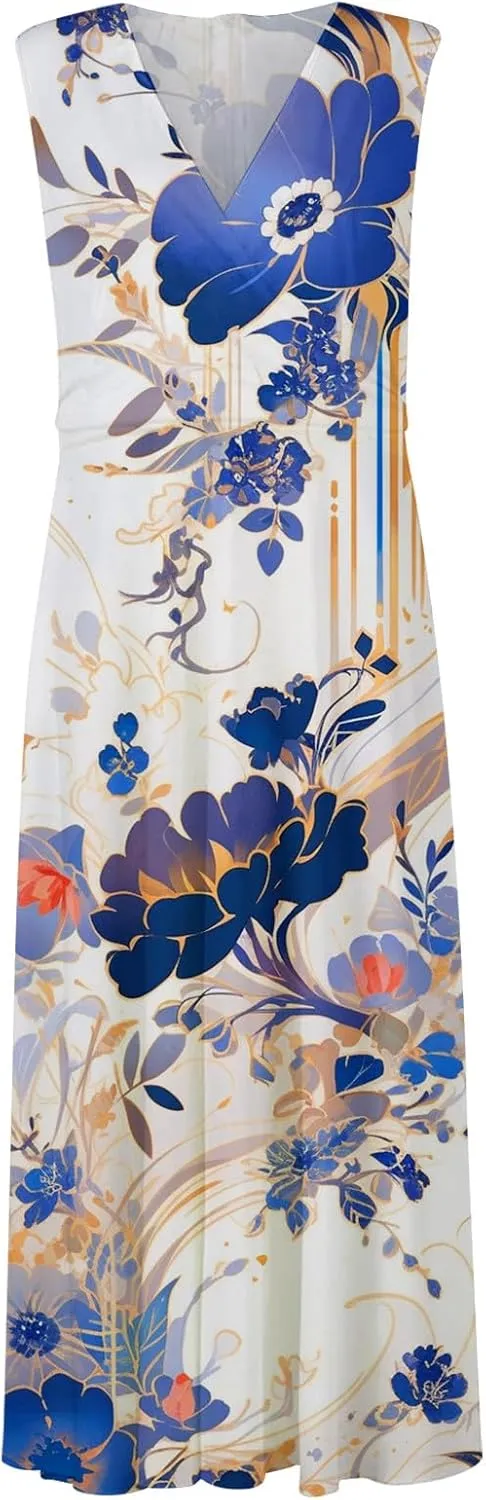 Women Floral Summer Casual Summer Sundress Sleeveless Halter Neck Spring Boho Floral Pocket Elastic Waist Ruffle Mini Dresses