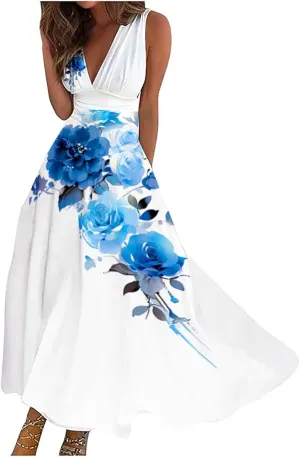 Women Floral Summer Casual Summer Sundress Sleeveless Halter Neck Spring Boho Floral Pocket Elastic Waist Ruffle Mini Dresses