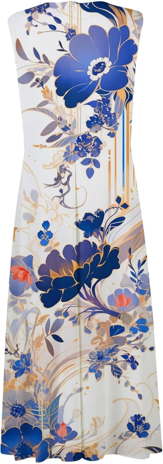 Women Floral Summer Casual Summer Sundress Sleeveless Halter Neck Spring Boho Floral Pocket Elastic Waist Ruffle Mini Dresses