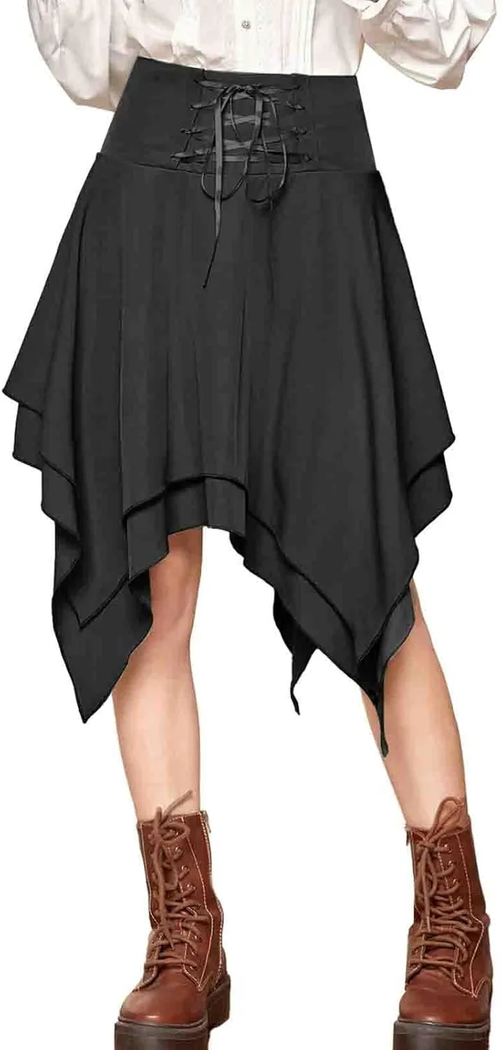 Women Gothic Skirt Steampunk Grunge High Waisted A-Line Pleated Skirts Midi Knee Length Irregular Hem Long Skirts