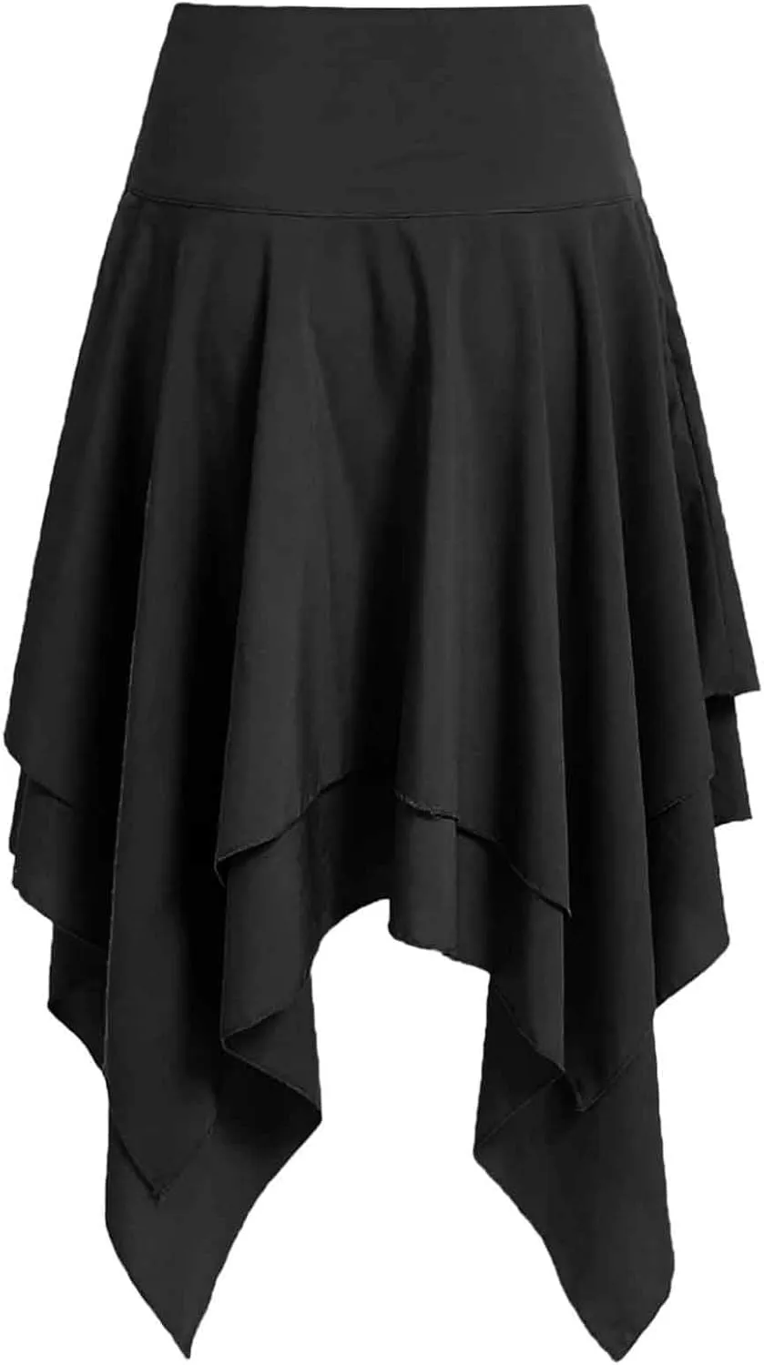 Women Gothic Skirt Steampunk Grunge High Waisted A-Line Pleated Skirts Midi Knee Length Irregular Hem Long Skirts