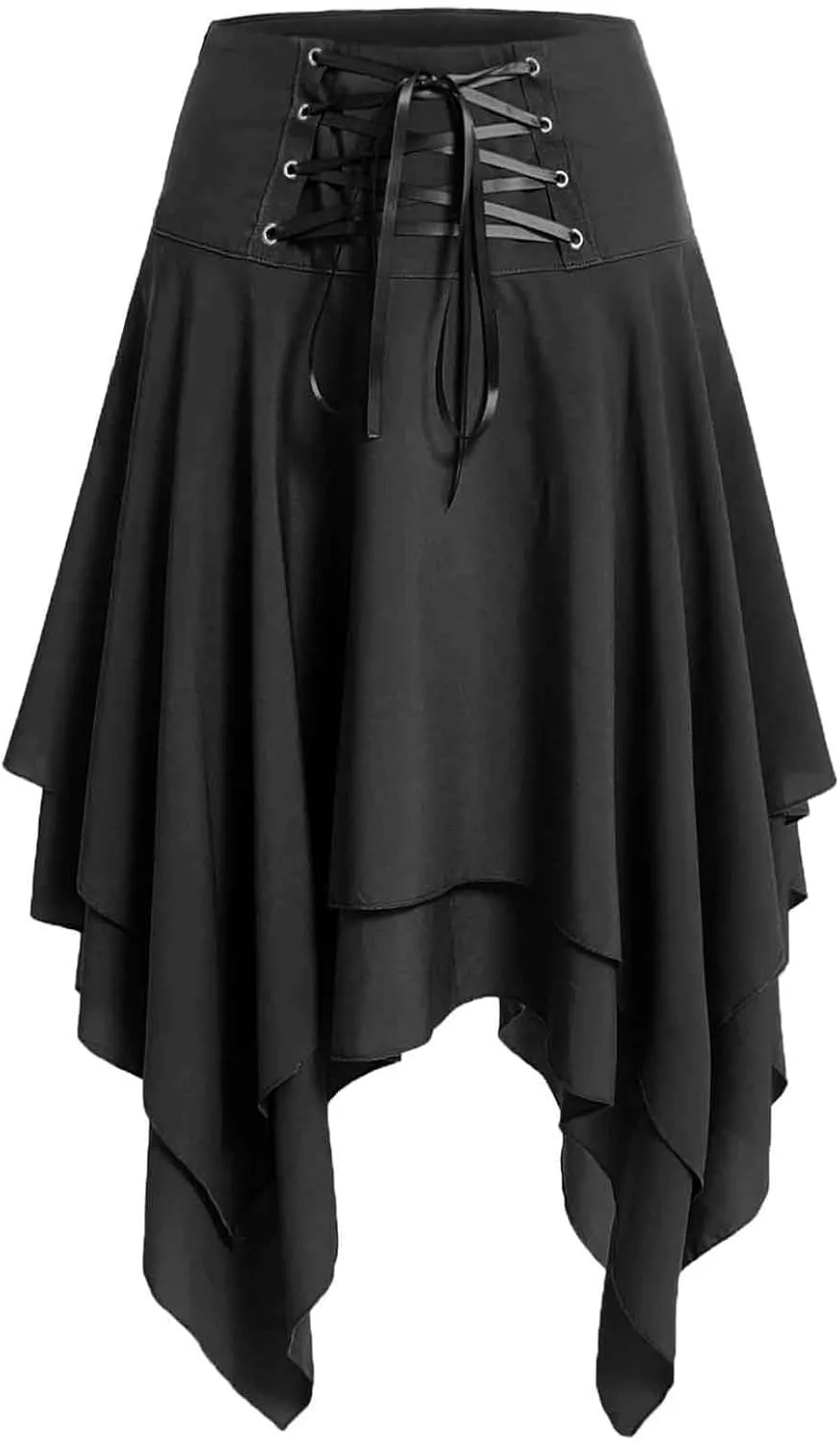 Women Gothic Skirt Steampunk Grunge High Waisted A-Line Pleated Skirts Midi Knee Length Irregular Hem Long Skirts