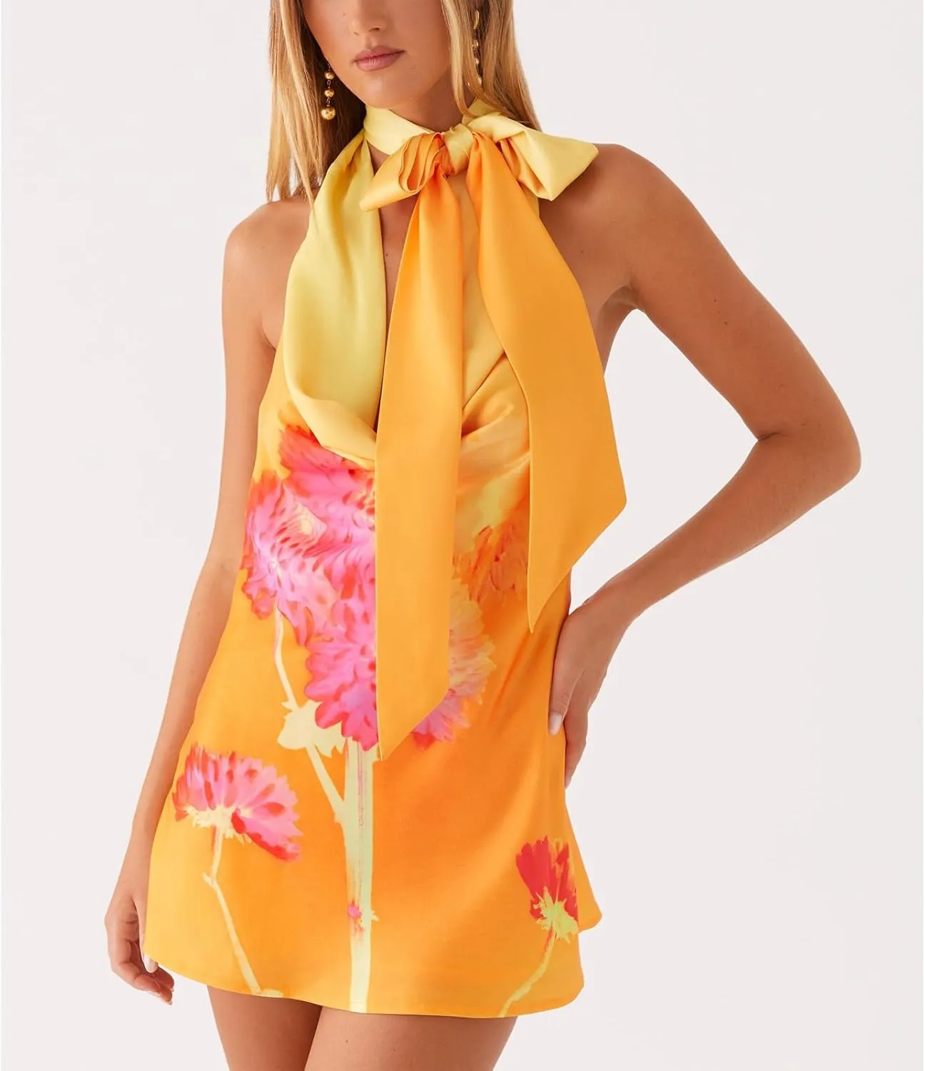Women Halter Neck Mini Bodycon Dress with Scarf Y2k Sexy Open Back Silk Satin Club Party Night Short Dresses