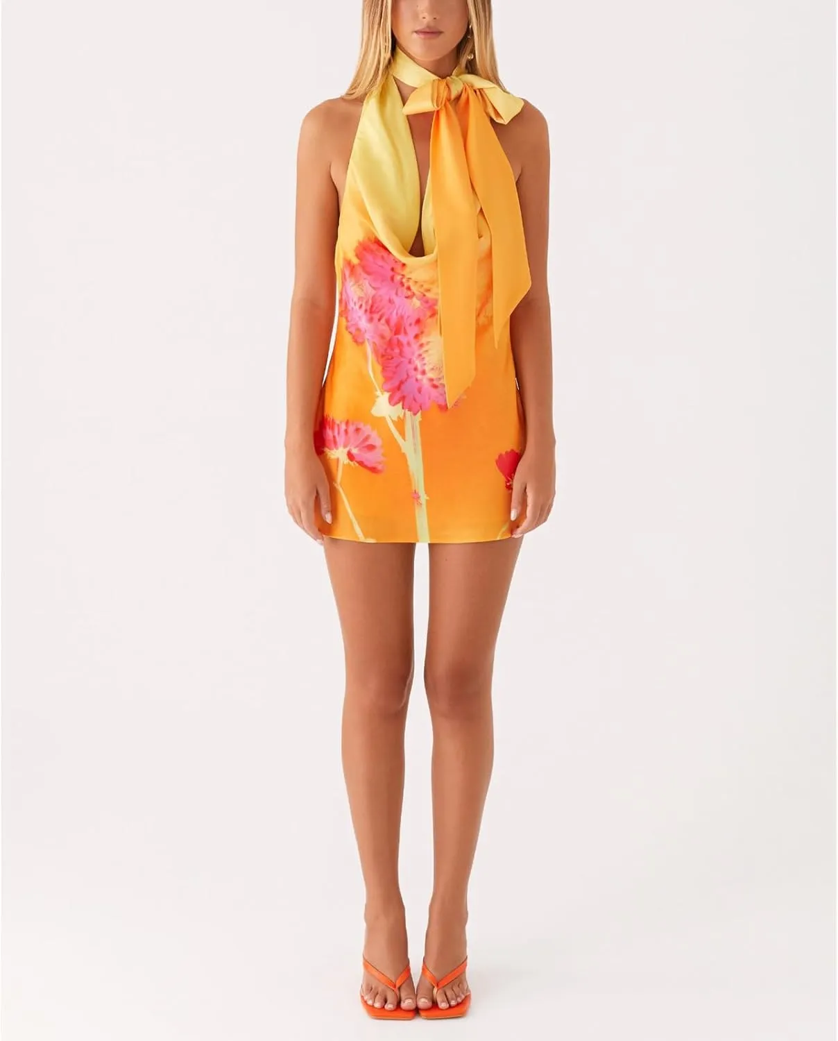 Women Halter Neck Mini Bodycon Dress with Scarf Y2k Sexy Open Back Silk Satin Club Party Night Short Dresses